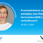 Z lewej strony zdjęcie uśmiechniętej kobiety w okrągłej ramce, podpisane Mirosława Zachaś-Lewandowsa. Po prawej tytuł i termin szkolenia: Przeciwdziałanie praniu pieniędzy oraz finansowaniu terroryzmu (AML) w biurach rachunkowych, 29 - 30.11.2021. Na dole logotypy organizatorów: Poznań Biznes Partner i Waluta Wiedzy.