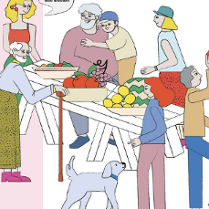 Rysunek, stół zastawiony owocami, dookoła różne osoby