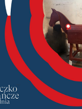 Plakat promujący punkt bohaterów w Miasteczku Powstańczym. W prawym, górnym narożniku zdjęcie drewnianego konia. Granatowe tło obok czerwono-białe wstęgi.