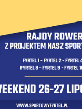 Na żółto-granatowym tle napisy Rajdy rowerowe z projektem nasz sportowy fyrtel. Weekend 26-27 lipca. Z boku logo Naszego Sportowego Fyrtla - rysunek ratusza.