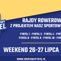 Na żółto-granatowym tle napisy Rajdy rowerowe z projektem nasz sportowy fyrtel. Weekend 26-27 lipca. Z boku logo Naszego Sportowego Fyrtla - rysunek ratusza.