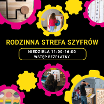 na czarnym tle różowe i żółte zębatki, w które wpisane są zdjęcia dzieci i dorosłych bawiących się zagadkami.