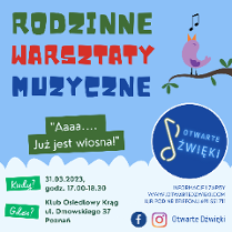 Na obrazku znajdują się kolorowe napisy z informacjami na temat rodzinnych warsztatów muzycznych w klubie Krąg.