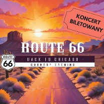 Grafika, droga ciągnąca się przez pola, w tle zachodzące słońce, duży napis Route 66 - Nashville, koncert biletowany.