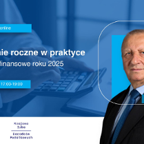 Grafika promocyjna szkolenia. W tle osoba licząca na kalkulatorze w biurze