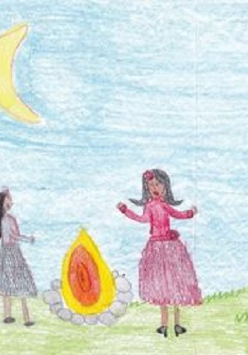 rysunek przedstawiający dwie kobiety przy ognisku