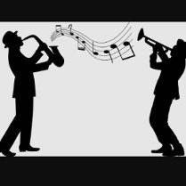 Dwóch muzyków jazzowych (trąbka i saksofon). Między nimi pięciolinia z nutami. Tonacja biało-czarna.