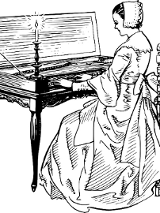 Biało czarny rysunek kobiety grającej na fortepianie.