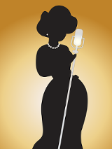 Rysunek czarnej postaci piosenkarki na żółtym tle.