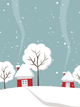 Rysunek 2 domkó i 3 drzew we śniegu. Z kominów leci dym.