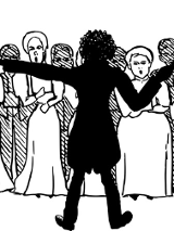 Dyrygent na czarno stojący tyłem do oglądającego. Przed nim chór.