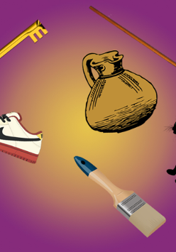 Na fioletowym tle dzbanek, but nike, czarny kot, mioptła klucz, łopara i pędzel.