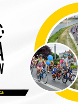 Plakat, który reklamuje Rzekę Rowerów. Po lewej stronie napis Rzeka Rowerów, a nad nim abstrakcyjny rysunek roweru, po prawej stronie kolarz zdjęć z rowerzystami.