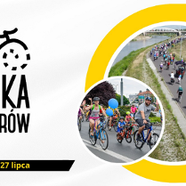 Plakat, który reklamuje Rzekę Rowerów. Po lewej stronie napis Rzeka Rowerów, a nad nim abstrakcyjny rysunek roweru, po prawej stronie kolarz zdjęć z rowerzystami.