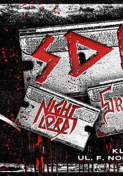 Szaro-czarno-czerwony plakat. W centrum trzy żyletki, a na nich czerwone napisy nazw zespołów. Po lewej sylwetka mężczyzny z wykrzywioną twarzą.