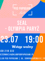 Plakat, który reklamuje Seal Olympia Paryż - koncert na żywo, tło składające się z różnych figur geometrycznych o różnych wzorach i kolorach a na nim napisy, które informują o wydarzeniu.