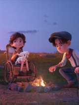 Kadr z filmu animowanego "Dzielna banda i tajemnica zaginionego wujka". Troje dzieci stoi wokół ogniska. Jedno z nich jest na wózku inwalidzkim.