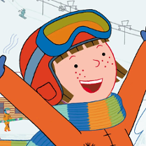 Rysunek roześmianej dziewczynki w zimowym stroju.