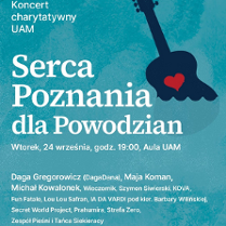 Plakat, na niebieskim tle napisy informujące o wydarzeniu, a boku rysunek gitary z sercem pośrodku.