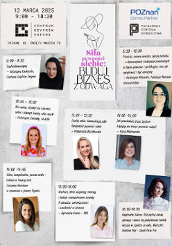 Grafika promująca konferencję. na szarym tle zdjęcia kobiet i program wydarzenia