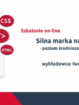 Z lewej człowiek patrzący na duży przerośnięty smartphone. Z prawej logotyp organizatora: Polska Fundacja Przedsiębiorczości. Poniżej tytuł szkolenia: Silna marka na LinkedIn - poziom średniozaawansowany, wykładowca: Iwona Caputa.