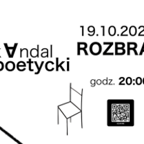 Plakat, czarno-biała grafika, pośrodku krzesło, napisy informujące o wydarzeniu.