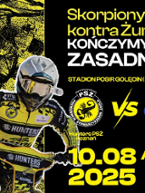 W żółto-czarnej kolorystyce plakat, który informuje o meczu Skorpiony kontra Żurawie.