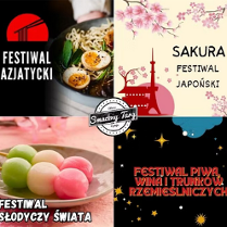 Cztery plakaty promujące wydarzenie. Lewy górny róg zdjęcie ramenu i napis "Festiwal Azjatycki". Obok jasny plakat z japońskimi motywami wiśni i napis "Sakura. Festiwal japoński". Po lewej na dole zdjęcie azjatyckich słodyczy. Obok czarny plakat z napisem "Festiwal Piwa".