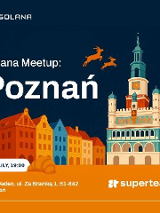 Grafika poznańskiego ratusza i poznańskich kamieniczek, nad nimi napis Solana Meetup: Poznań.