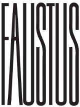 Czarno-biała grafika: na białym tle napis czarnymi, drukowanymi, wydłużonymi literami "Faustus".