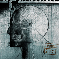 Plakat ze spektaklu: rysunek głowy z profilu w niebiesko-szarych kolorach oraz napis - tytuł przedstawienia.