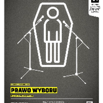 Plakat przedstawienia - rysunek człowieka w białym kolorze na szarym tle, przed którym stoją na statywach dwa mikrofony. Na plakacie u dolu i w prawym górnym rogu informacje o spektaklu.