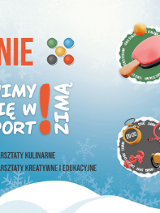 Plakat zimowych półkolonii FairPlayce z hasłem Bawimy się w sport zimą, ilustracjami rakiet i piłek sportowych oraz informacją o zajęciach sportowych i warsztatach.