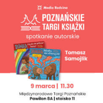 Informacje o spotkaniu z autorskim na targach książki, grafika z książkami.