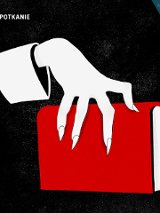 na czarnym tle wyciągnięta dłon z dlugimi paznokciami. Dłoń trzyma krwisto-czerwoną książkę za grzbiet.