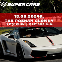 Zdjęcie białego wyścigowego samochodu na torze, napisy informujące o wydarzeniu.