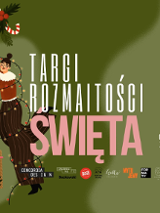 Informacje o światecznym targu rozmaitości, rysunek osoby układającej wieżę z prezentów.