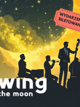 Plakat, który reklamuje Swing on the Moon. Na fioletowym tle ogromny żółty książyc, a na jego tle cienie muzyków.