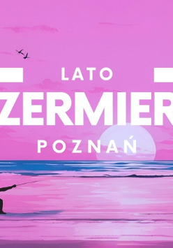 Rysunek szermierza ćwiczącego na plaży, na tle zachodzącego słońca. Informacja o wydarzeniu lato z szermierką w Poznaniu.