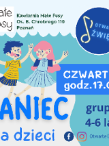 Plakat reklamujący zajęcia taneczne dla dzieci. Informacje o wydarzeniu i rysunek pary tańczących dzieci.