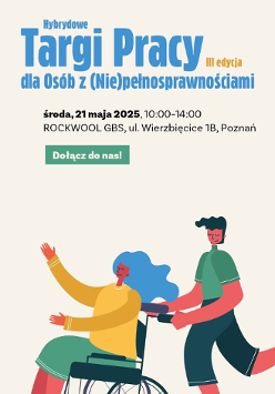 Grafika promująca wydarzenie. Ilustracja dwóch uśmiechniętych osób, jedna z nich porusza się na wózku.