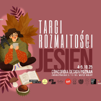 Plakat reklamujący jesienne Targi Rozmaitości, z kobietą siedzącą pod kocem z herbatą w dłoniach i kotem na ramieniu.