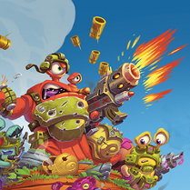 Obrazek przedstawia dynamiczną scenę w stylu kreskówkowej gry akcji. W centrum znajduje się potężna, humanoidalna postać w czerwonym pancerzu, uzbrojona w dużą futurystyczną broń strzelającą pociskami i wyrzucającą płomienie.