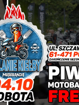 Informacje o grillu z Motobandą, w tle kolaż zdjęć z grillem i motocyklistami.