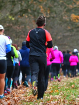 Duża grupa ludzi biega po lesie.