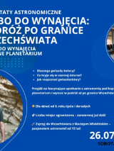 Plakat zapraszający na warsztaty astronomiczne. Zdjęcie kapsuły oraz prowadzącego, który stoi pomiędzy głazami. Napisy, które informują o wydarzeniu.