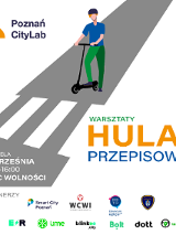 Plakat promujący wydarzenie, na białym tle, napisy promoujące, postać człowieka przy hulajnodze, na szarej drodze, przed pasami dla pieszych.