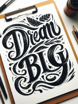 Notes a na nim duży, czarny, stylizoawny napis Dream Big. Obok notesu pióra i ołówki.
