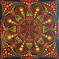 Obrazek przedstawia wielokolorową mandalę, wykonaną metodą kropkową.