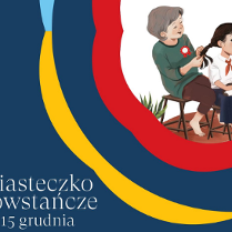 Plakat promujący warsztaty zaplatania warkoczy w Miasteczku Powstańczym, w górnym rogu rysunek starszej pani, która zaplata warkocz małej dziewczyce. Granatowe tło, czerwone, zółte i niebieskie wstęgi.